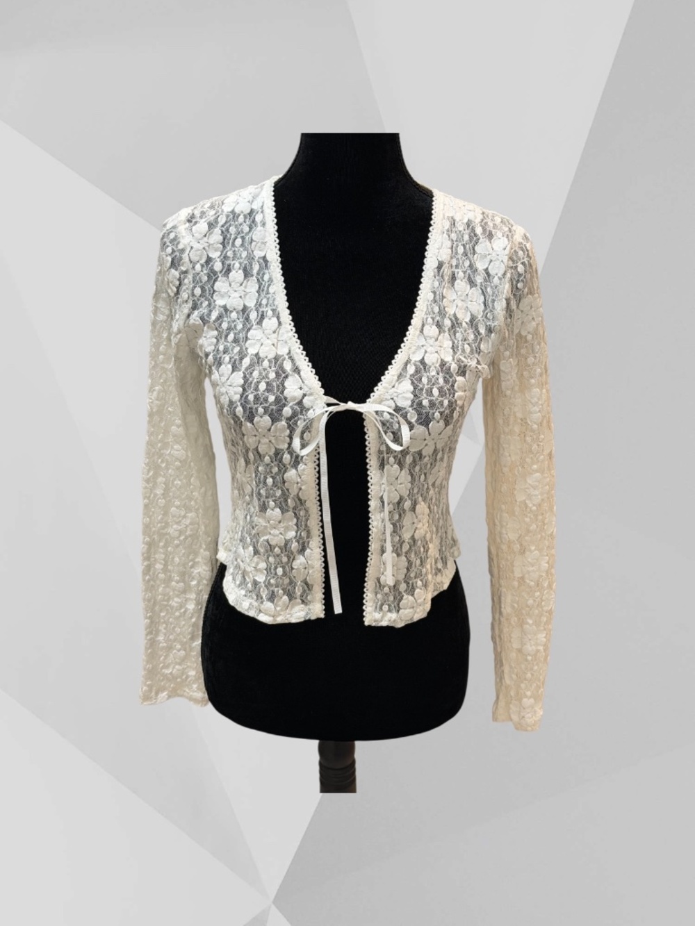 HAUTE MONDE Floral Lace Open Tie Front Cropped Topper L (M) Cream Color NWOT
